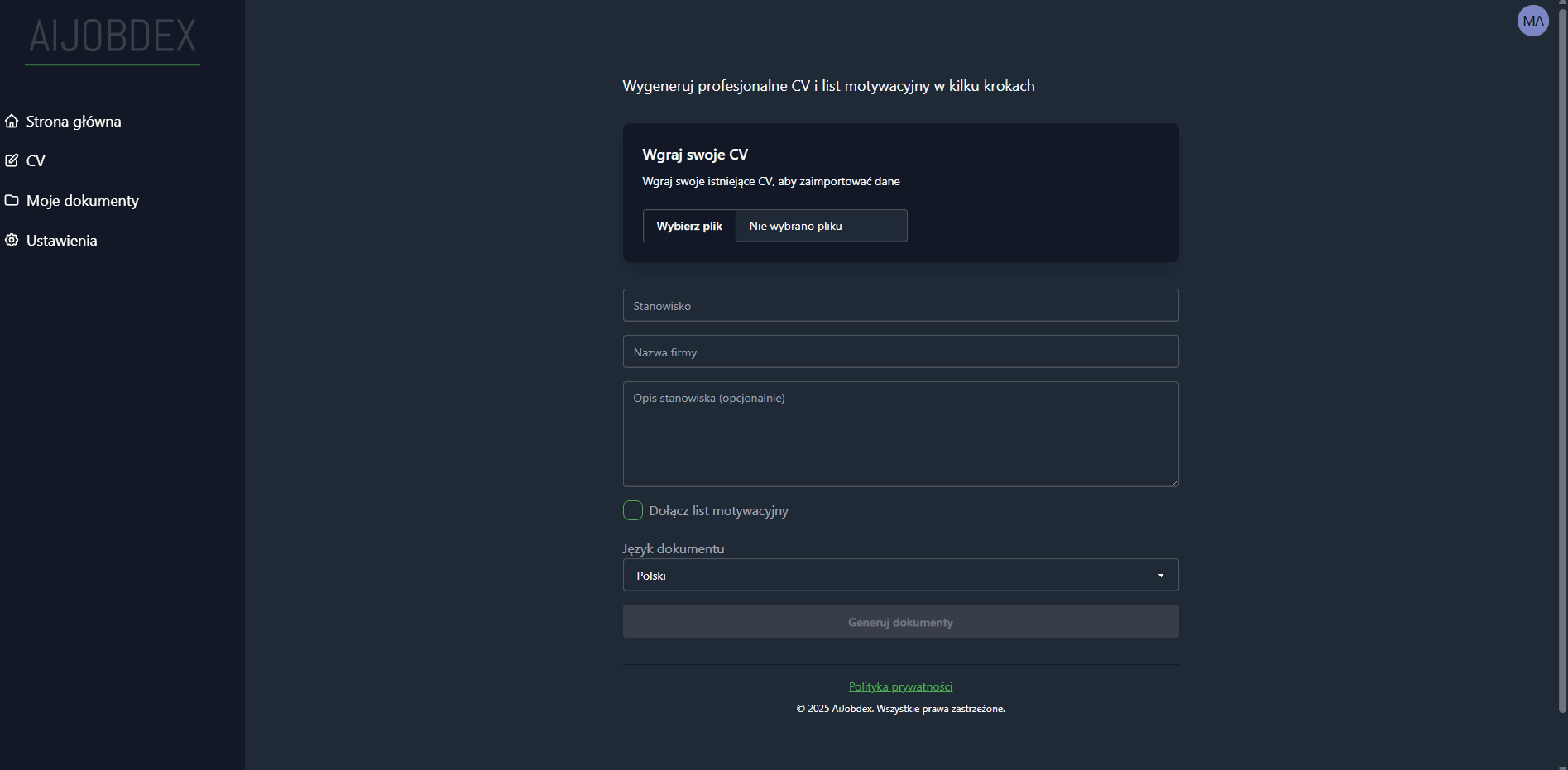 AIJobDex - Inteligentna platforma do generowania CV
